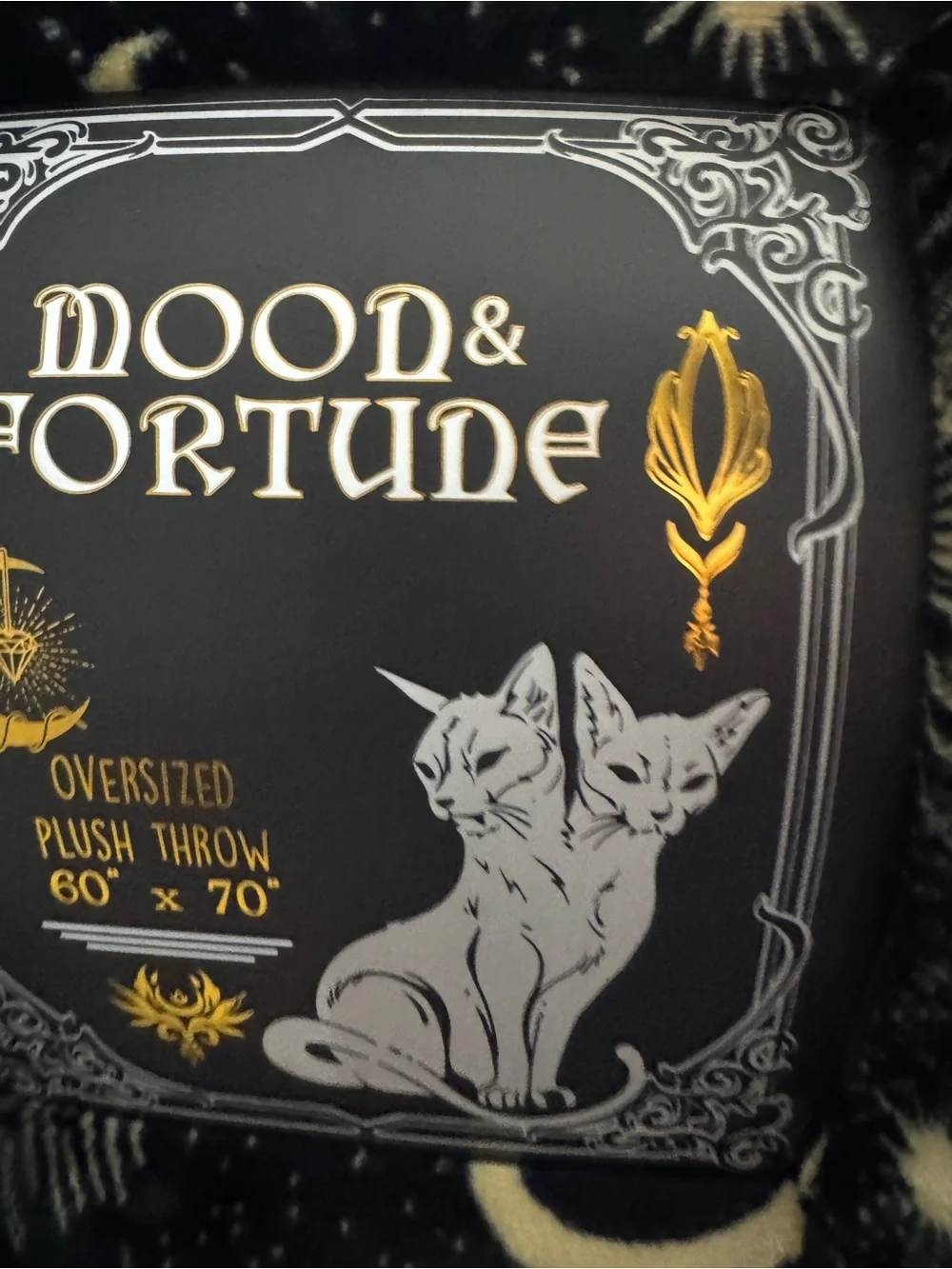 Moon & Fortune Oversized Plush Throw Blanket 60x70 Black Gold Celestial